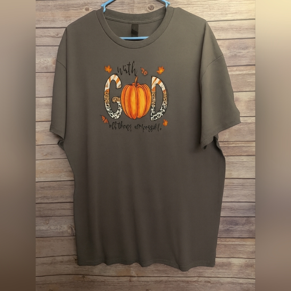 Gray T-Shirt, "With God All Things Are Possible." Size XL